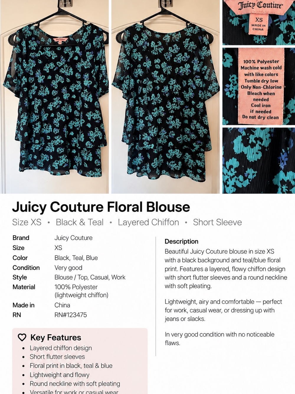 Juicy Couture Black Blouse with Teal Floral Print